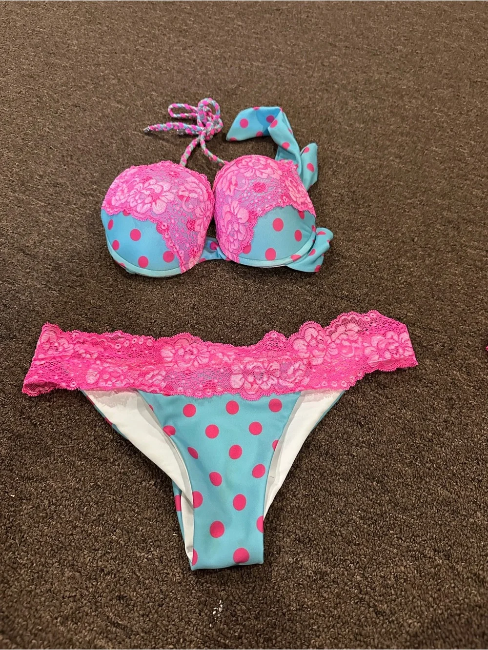 Beach Bunny Aqua and Hot Pink Polka Dot Lace Bikini Set